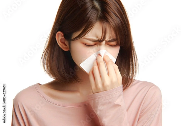 Obraz 花粉症が辛くてティッシュで鼻を噛む若い女性