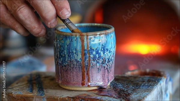 Obraz Hand Brushing Glossy Glaze on Ceramic Mug, Artisan Pottery Making with Kiln Glow in Background, Craftsmanship and Creativity Concept