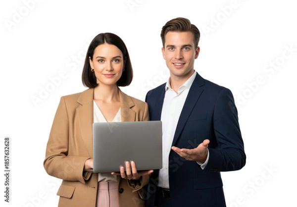 Obraz Software developers team with laptop performing remote server maintenance or application debugging during system optimization process in telecommunications technology department center