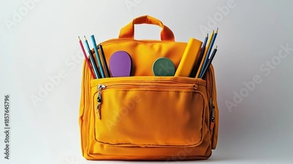 Obraz Close-up of a vibrant orange backpack filled with school supplies on a plain white backdrop