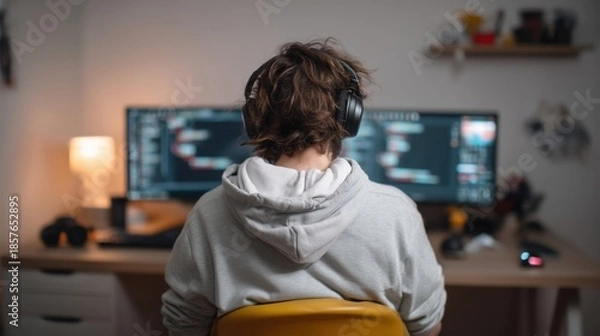 Obraz Creative editor working on computer monitors late at night