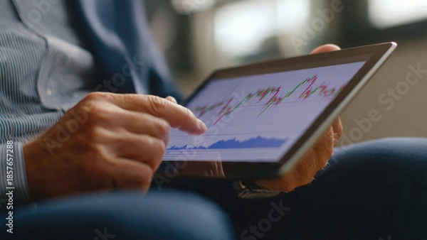 Obraz Man analyzing stock market data on a tablet.