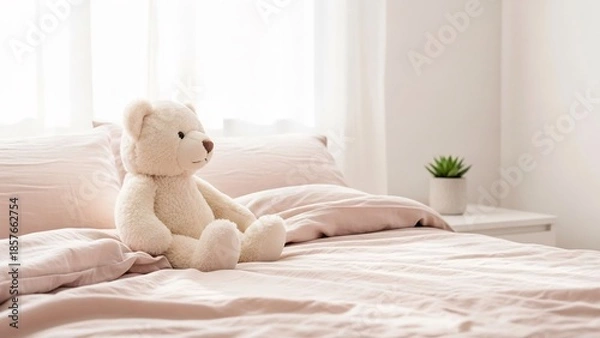 Fototapeta ベッドに置かれたテディベアが可愛らしく穏やかな雰囲気を演出しています。