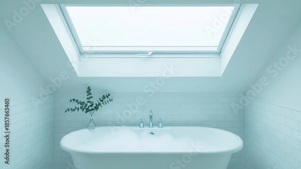 Fototapeta 天窓から光が差し込む、美しいバスルームでリラックスして過ごす贅沢な時間