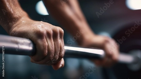 Obraz Strength training hands gripping barbell