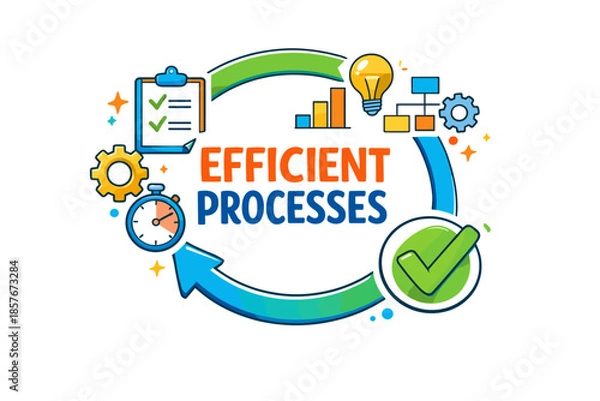 Obraz Efficient processes concept with gear clock checklist light bulb and graph symbols