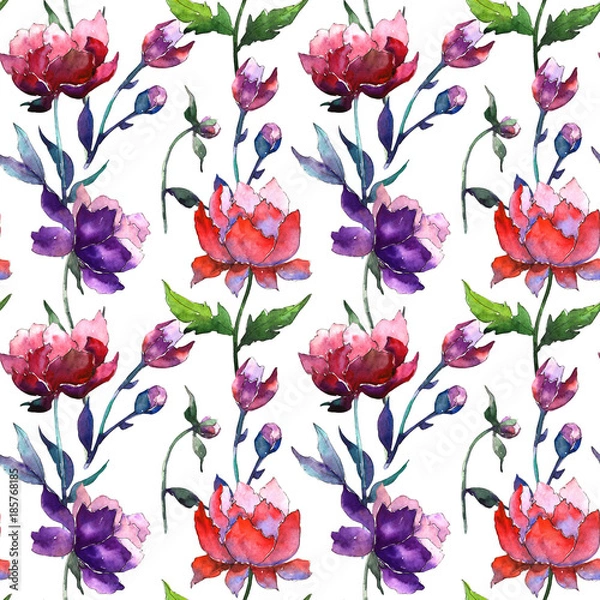 Obraz Wildflower peony flower pattern in a watercolor style. Full name of the plant: peony. Aquarelle wild flower for background, texture, wrapper pattern, frame or border.