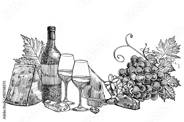 Fototapeta Composition of a bottle of wine, two glasses, parmesan cheese, grapes and leaves with olives. Hand drawn engraving style illustrations. Banners of wine vintage background.