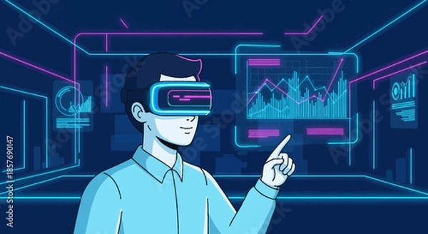 Obraz Man wearing VR headset interacting with futuristic data visualization and analytics