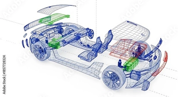 Obraz Exploded view schematic of an electric vehicle's internal components and structure.