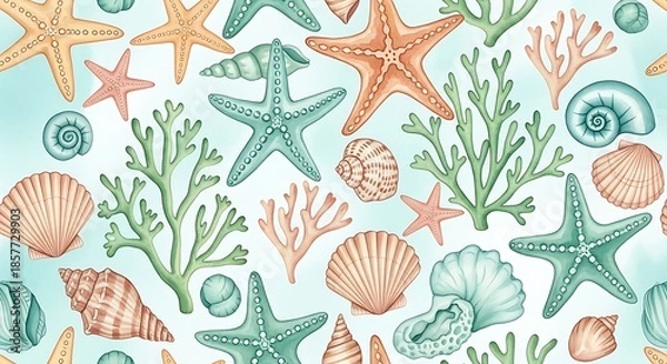 Obraz Underwater life pattern with shells, starfish, and corals.