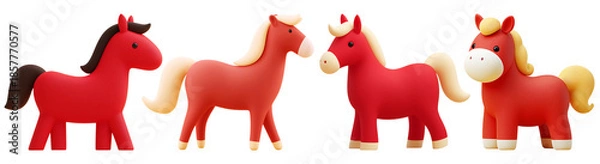 Fototapeta 2026 병오년 새해맞이 귀여운 3d 붉은 말 세트