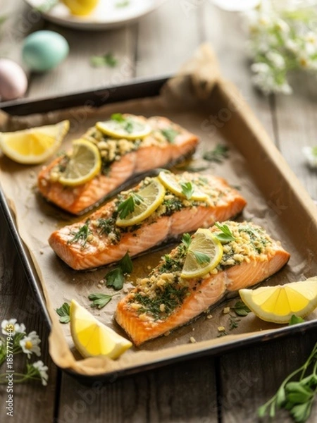 Obraz Rustic Baked Salmon with Herbs for Easter Table