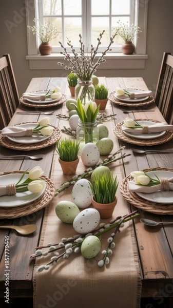 Obraz Rustic Farmhouse Easter Table with Natural Spring Decor