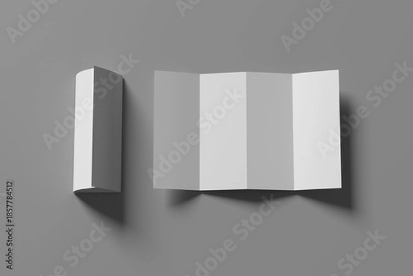 Obraz 4 fold white empty leaflet mockup in different angles of view. Open trifold blank paper brochure template. Pamphlet with three parts for menu or business presentation. Realistic 3d vector set.