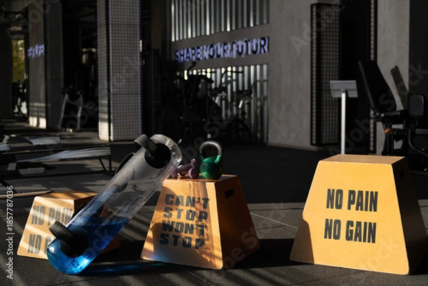 Obraz Three Step Boxes with Slogans, Weights, and Blue Water Ball