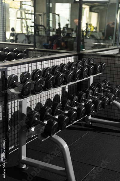 Obraz Dumbbells Neatly Arranged on Gym Rack Photo
