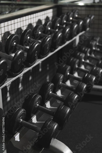 Obraz Dumbbells Neatly Arranged on Gym Rack Photo