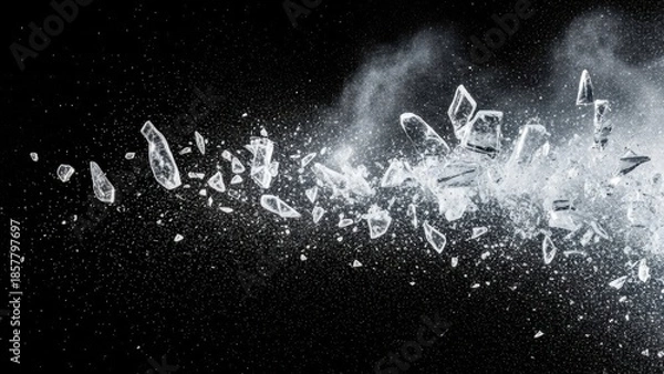 Fototapeta Shattered glass exploding in dramatic motion against black background