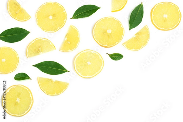 Fototapeta Slices lemon with leaves isolated on white background with copy space for your text. Flat lay, top view