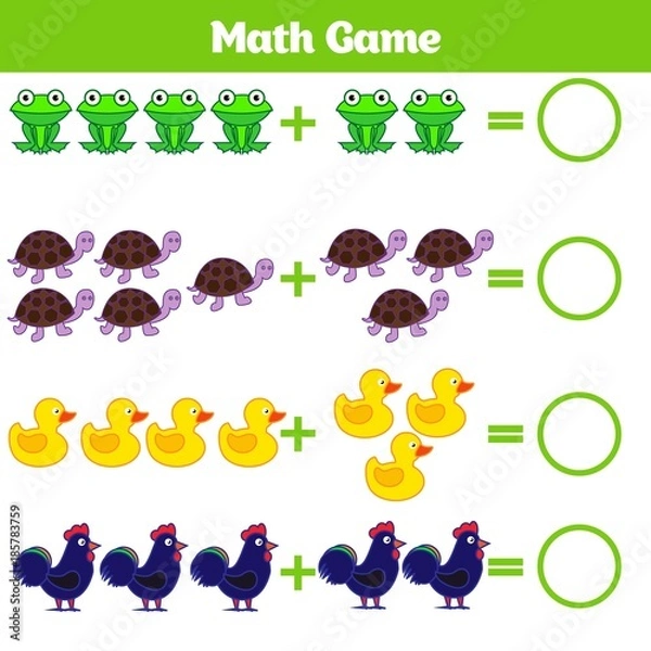 Fototapeta Mathematics educational game for children. Learning subtraction worksheet for kids, counting activity. Vector illustration