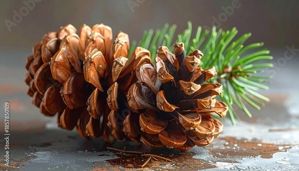 Obraz Two Pine Cones with Green Needles on Textured Surface, Macro Shot