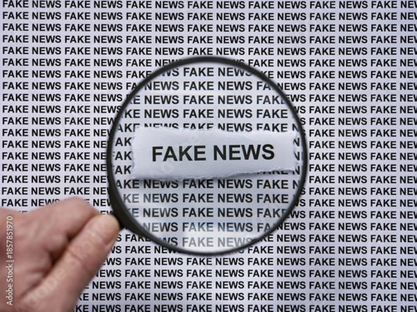 Obraz A person with a magnifying glass in his hand magnifying the words Fake News on a newspaper print background. Close up.