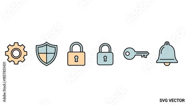 Obraz Security and technology icon set gear shield lock key bell vector graphics