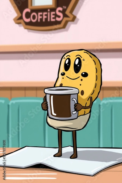 Fototapeta Funny Cookie Character Drinking Tiny Coffee