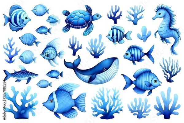Fototapeta Blue Ocean Life Illustration - Whales, Fish, Coral, and Sea Creatures Set