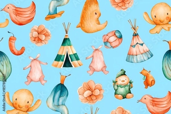 Fototapeta Watercolor Animals & Teepee Pattern - Seamless Background for Kids Design