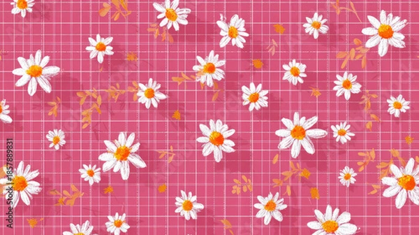 Fototapeta “Cute Pink Checkered Background with White Daisy Flowers and Cheerful Floral Pattern”