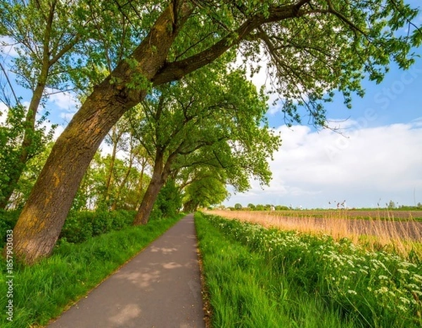 Obraz A paved pathway lined with trees under a partly cloudy sky