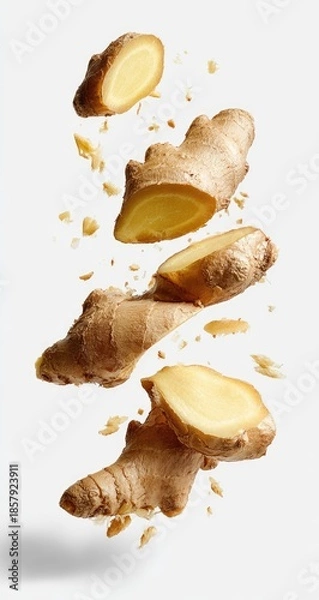 Obraz Fresh ginger root slices in mid-air