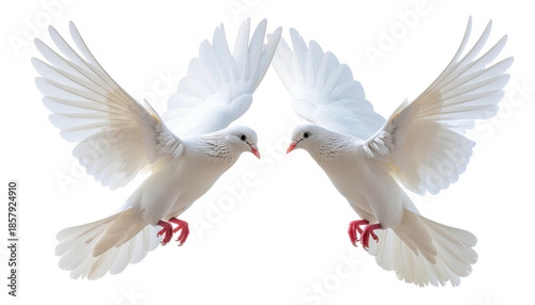 Obraz Two white doves mirroring each other, wings spread