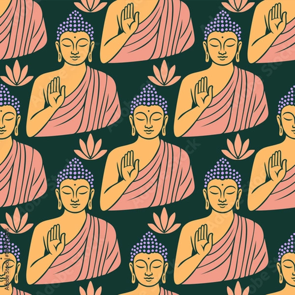 Obraz Buddha seamless vector pattern on dark green background