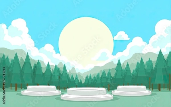 Obraz Three platforms face forest & mountain background under bright sky