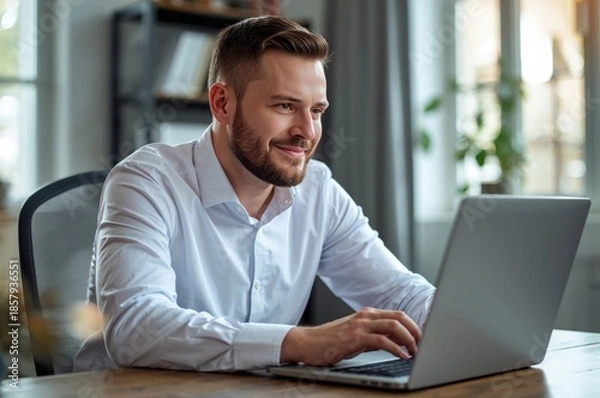 Fototapeta Man smiling while using laptop at desk