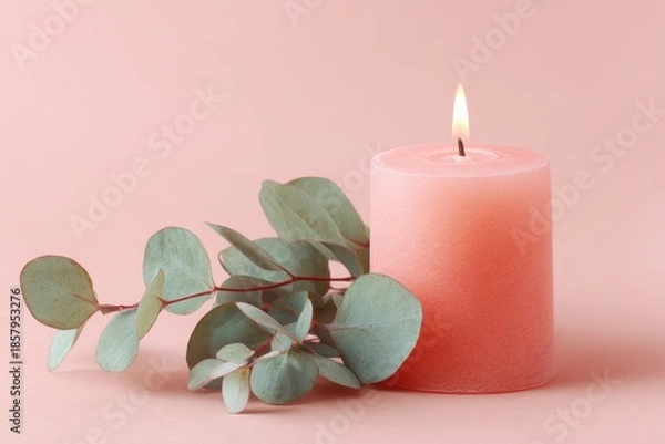 Obraz Soft pink candle and eucalyptus sprigs