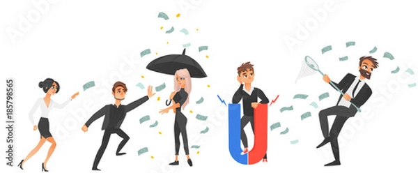 Fototapeta vector cartoon business men and women and money conceptual set. People running for money with butterfly net, standing under money rain holding umbrella, holding magnet. Isolated illustration.