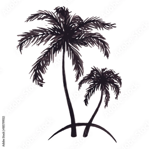 Fototapeta Monochromatyczne dwa tropikalne palmy morze morskie Ocean Beach Ręcznie rysowany szkic wektor