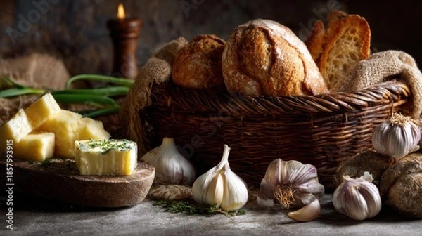 Obraz Artisan Breads and Cheeses Arrangement with Rustic Lighting