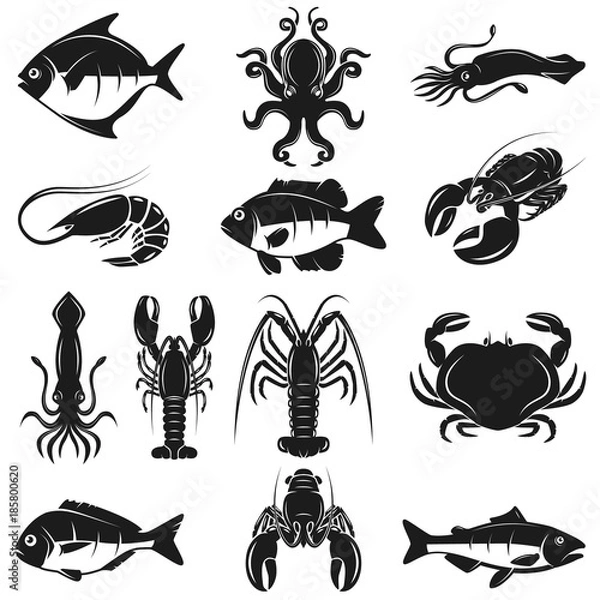 Fototapeta Set of seafood icons isolated on white background. Design element for logo, label, emblem, sign, banner, poster.