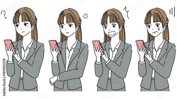 Obraz スマホを見ているスーツ姿の若い女性の表情セットのイラスト
