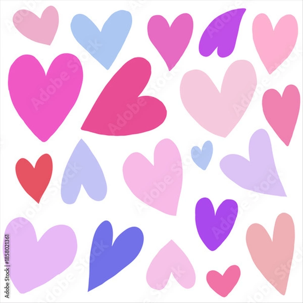 Obraz ピンク、紫色、青、色々な形のハートを詰め合わせたシームレスパターン背景素材