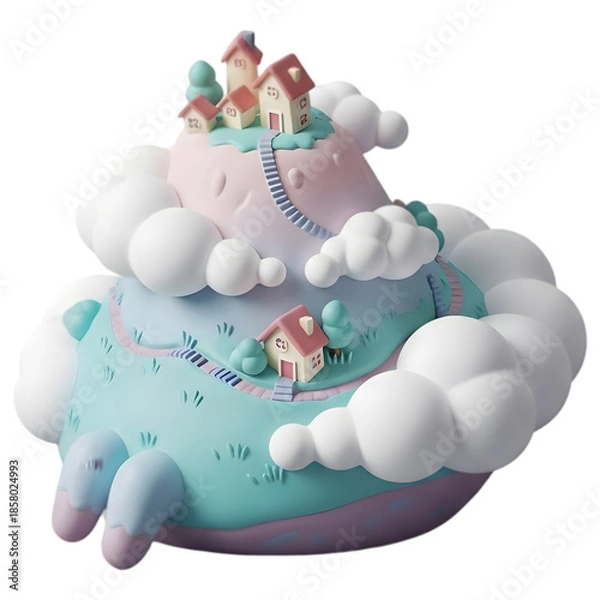 Fototapeta Cute pastel tiny world nestled among fluffy clouds