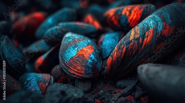 Obraz Close up view captures intensely colored shellfish shells nestled among dark material