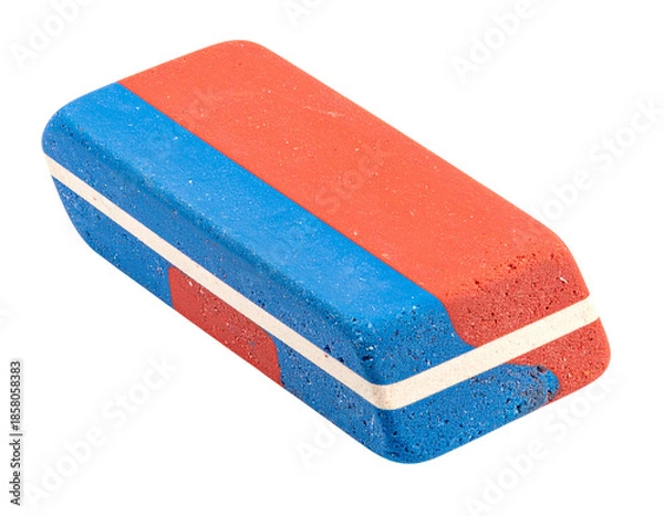 Obraz A Two-Tone Rectangular Eraser with Red and Blue Sections.