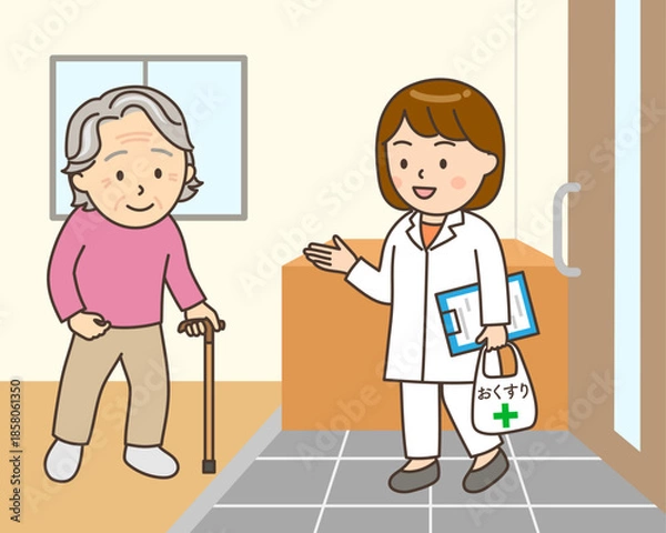 Obraz 在宅医療で自宅を訪ねる女性薬剤師と玄関で対応するおばあさん