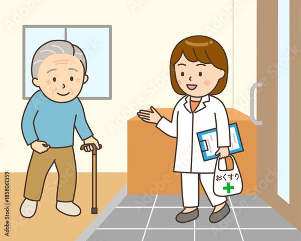 Obraz 在宅医療で自宅を訪ねる女性薬剤師と玄関で対応するおじいさん